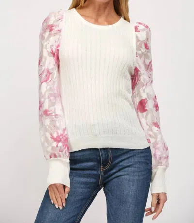Fate Floral Print Organza Sleeve Cable Knit Sweater In Cream Pink In Yellow