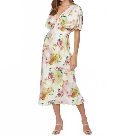 Fate Floral Satin Empire Waist Midi Dress In Ivory Multi Ivory Multi