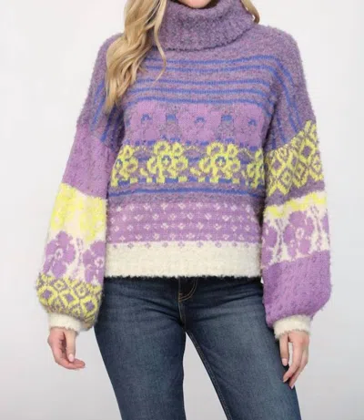 Fate Floral Turtle Neck Fuzzy Sweater In Purple Multi In Blue