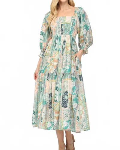 Fate Flower Print Smocked Midi Dress In Green Multi