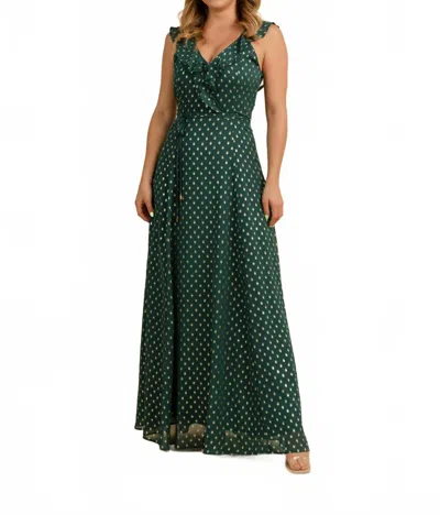 Fate Foil Polka Dot Ruffle Neck Maxi Dress In Forest Green In Gray