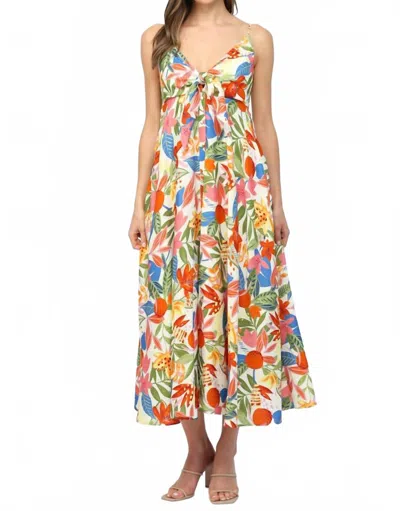 Fate Front Bow Tie Floral Spaghetti Strap Midi Dress In White Multi