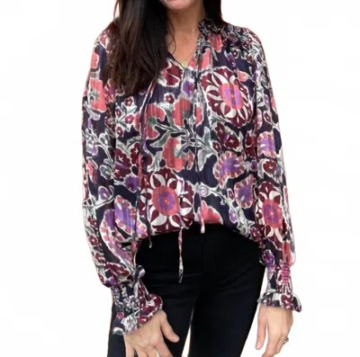 Fate Front Tie Ruffled V-neck Long Sleeve Top In Navy Multi