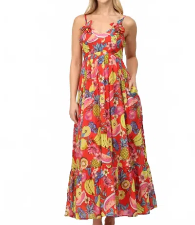 Fate Fruit Motif Print Cotton Voile Floral Trimmed Maxi Dress In Red Multi In Brown