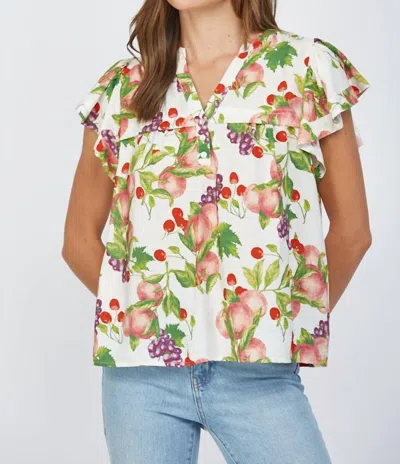Fate Fruit Print Flutter Sleeve Split Neck Top In Cream Multi
