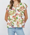 Fate Fruit Print Flutter Sleeve Split Neck Top In Cream Multi In White