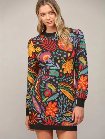 Fate Garden Jacquard Floral Sweater Mini Dress In Black Multi