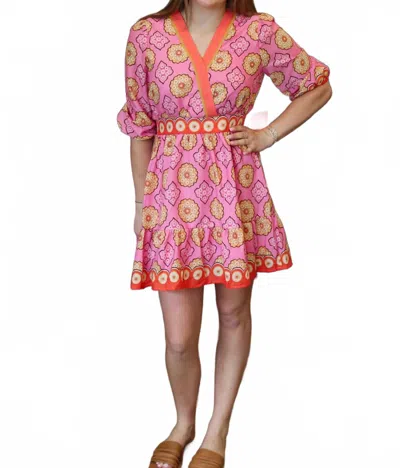 Fate Gathered Sleeve Smocked Back Mini Dress In Pink Multi