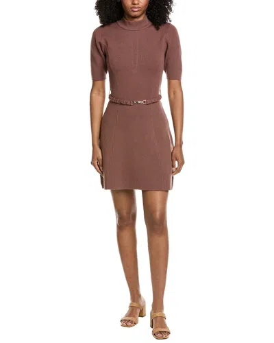 Fate Gold Clasp Belt Detail Mock Neck Sweaterdress In Brown
