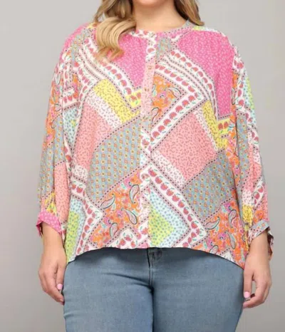 Fate Good Vibes Patchwork Print Curvy Top In Pink