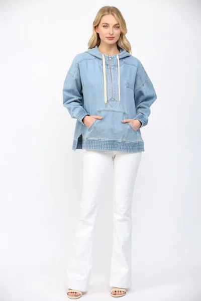 Fate Half Zip Hooded Pullover Top In Light Denim In Blue