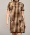 Fate Houndstooth Mock Neck Short Sleeve Sweater Dress In Camel In Brown