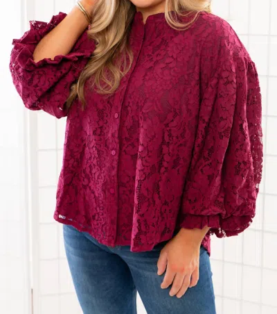 Fate Jayne Lace Bubble Sleeve Blouse In Wine In Multi