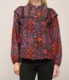 Fate Lace Trim Insert High Neck Blouse In Red, Black And Purple In Multi