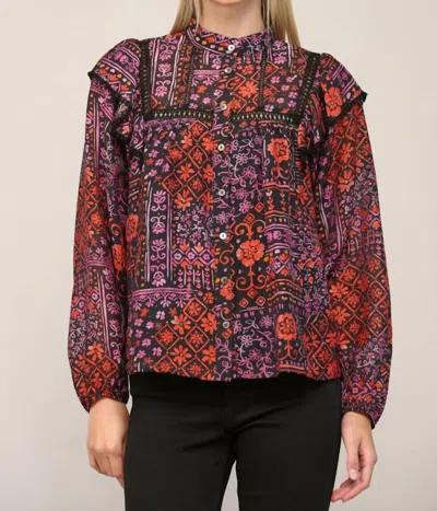Fate Lace Trim Insert High Neck Blouse In Red, Black And Purple In Multi