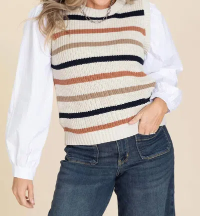 Fate Layered Shirt Stripe Sweater In Taupe In White