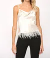 FATE LEAH FEATHER TRIMMED COWL NECK CAMI IN CHAMPAGNE