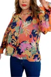 Fate Long Sleeve Tie Neck Floral Print Top In Blue, Multi In Multi