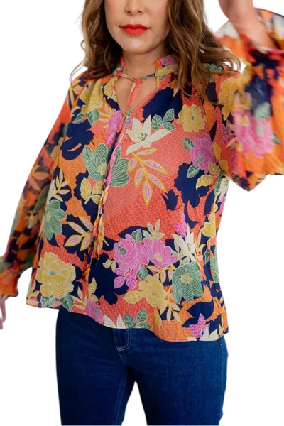 Fate Long Sleeve Tie Neck Floral Print Top In Blue, Multi