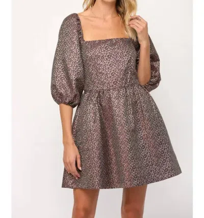 Fate Lurex Jacquard Square Neck Puff Sleeve Mini Dress In Maroon In Multi
