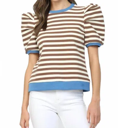 Fate Made To Standout Stripe Puff Sleeve Top In Brown