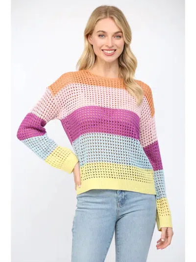 Fate Maggie Striped Open Weave Sweater In Rainbow In Multi
