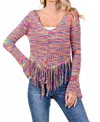 Fate Marled Yarn Lace Up Front Fringe Hem Sweater In Multi In Multi