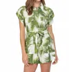 Fate Mattie Tropical Print Linen Romper In Cream/green In Green