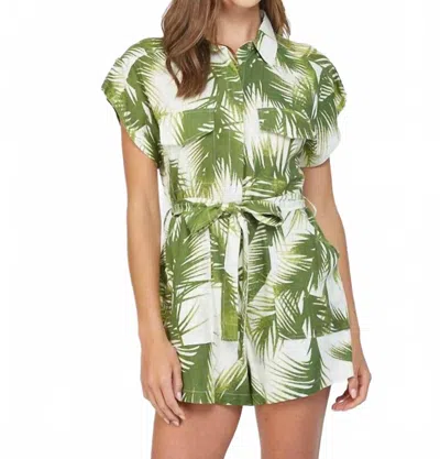 Fate Mattie Tropical Print Linen Romper In Cream/green