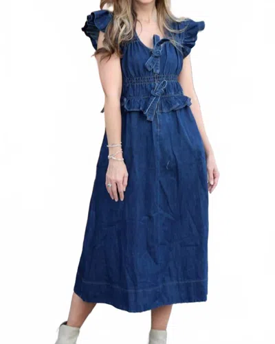 Fate Maxi Dress With Ruffle And Bow In Washed Denim In Blue