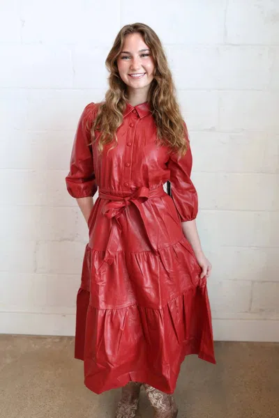 Fate Faux Leather Tiered Midi Dress In Red