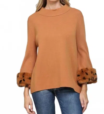 Fate Mock Neck Faux Fur Cuffs Sweater In Camel In Brown