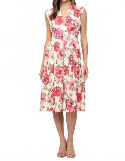 Fate Multi Jacquard Zip Front Midi Dress In Ivory Pink Floral