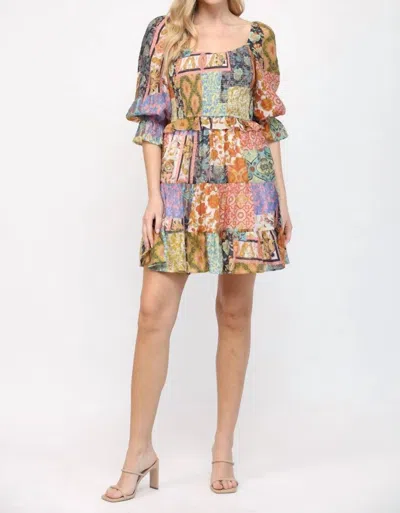 Fate Patch Work Print Smocked Bodice Dress In Orange Mixed Print In Multi