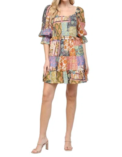 Fate Patch Work Print Smocked Bodice Dress In Orange Mixed Print In Multi
