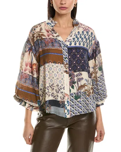 Fate Patchwork Print Bubble Sleeve Blouse In White