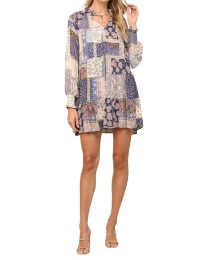 Fate Patchwork Print Long Sleeve Dress In Blue