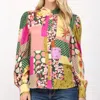 Fate Patchwork Print Stand Collar Blouse In Magenta,green In Multi