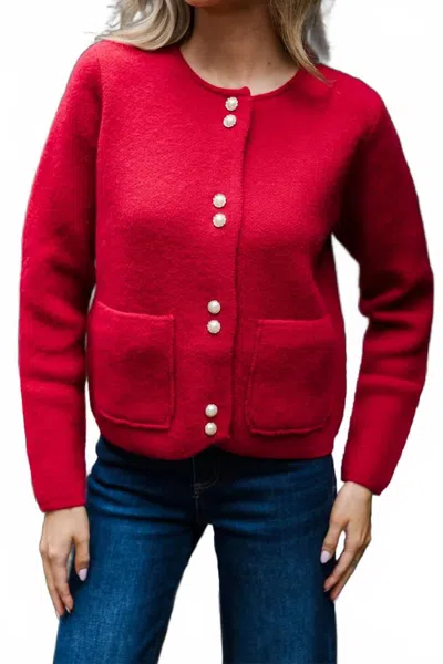 Fate Pearl Button Patch Pocket Cardigan In Ruby Red