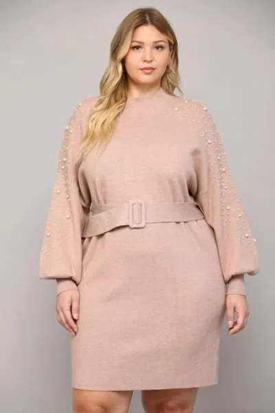 Fate Pearl Embellished Belted Sweater Dress - Plus In Mocha In Pink