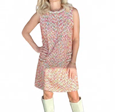 Fate Pearl Embellished Tweed Shift Mini Dress In Ivory Multi