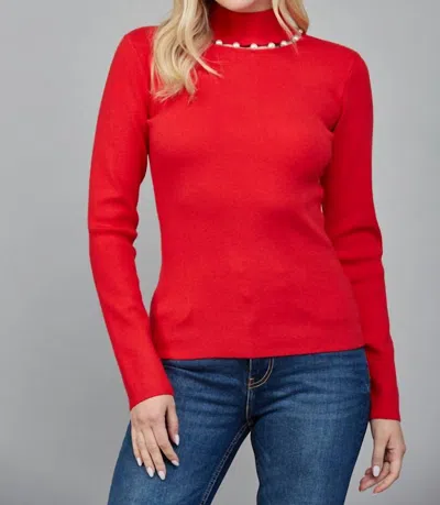 Fate Pearl Trim Turtleneck Sweater In Red In Multi