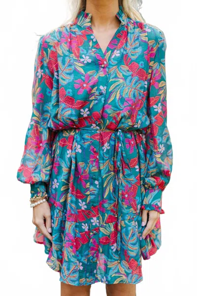 Fate Print Tencel Blend Split Neck Dress In Teal Green Multi