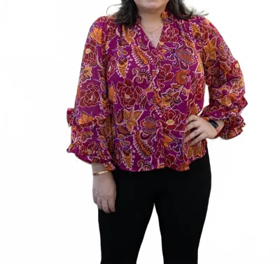 Fate Print With Lurex Chiffon Ruffle Detail Blouse In Sangria Multi In Pink