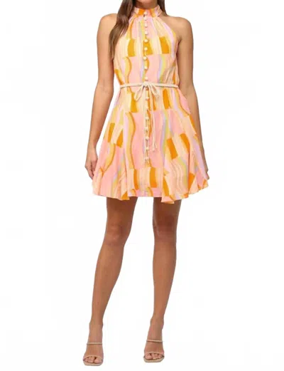 Fate Printed Cotton Voile Halter Neck Dress With Belt In Multi Pastel In Yellow