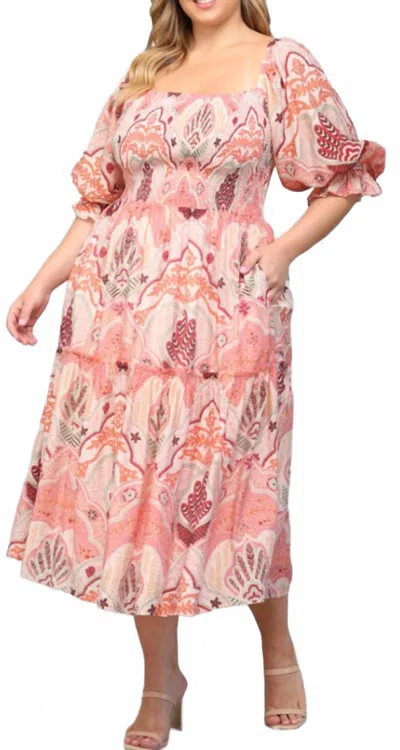 Fate Printed Elastic Waist Dress In Coral/pink