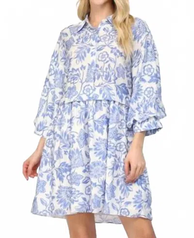 Fate Puff Sleeve Shirt Mini Dress In White/blue