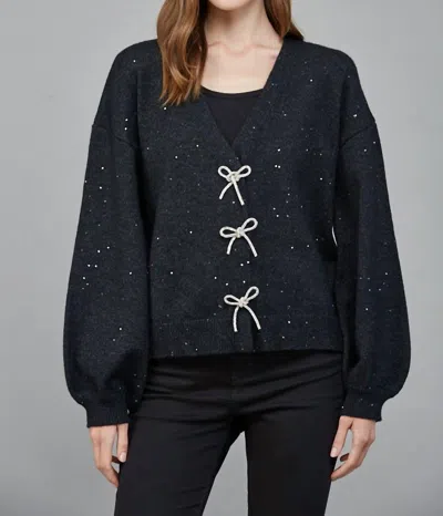 Fate Rhinestone Bow Sequin Cardigan Sweater In Heather Black