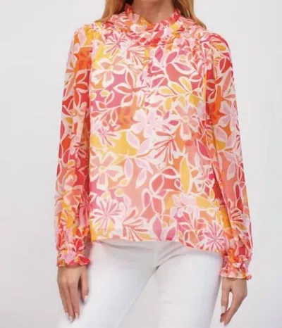 Fate Ruffle Neck Soft Bloom Blouse In Pink/ Orange In Multi