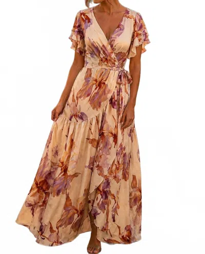 Fate Ruffled Asymmetrical Tiered Seam Maxi Wrap Dress In Champagne Multi